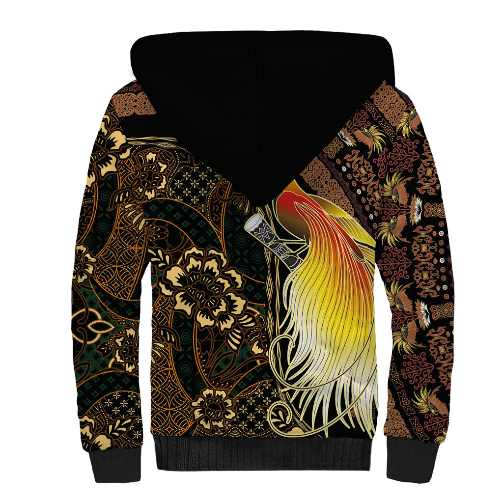 Papua New Guinea and Indonesia Batik Sherpa Hoodie Bird of Paradise with Tribal Batik Patterns