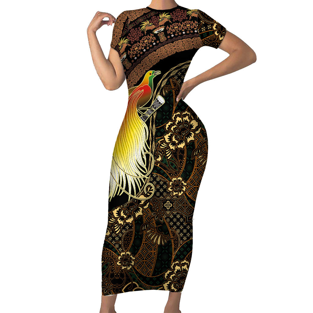 Papua New Guinea and Indonesia Batik Short Sleeve Bodycon Dress Bird of Paradise with Tribal Batik Patterns