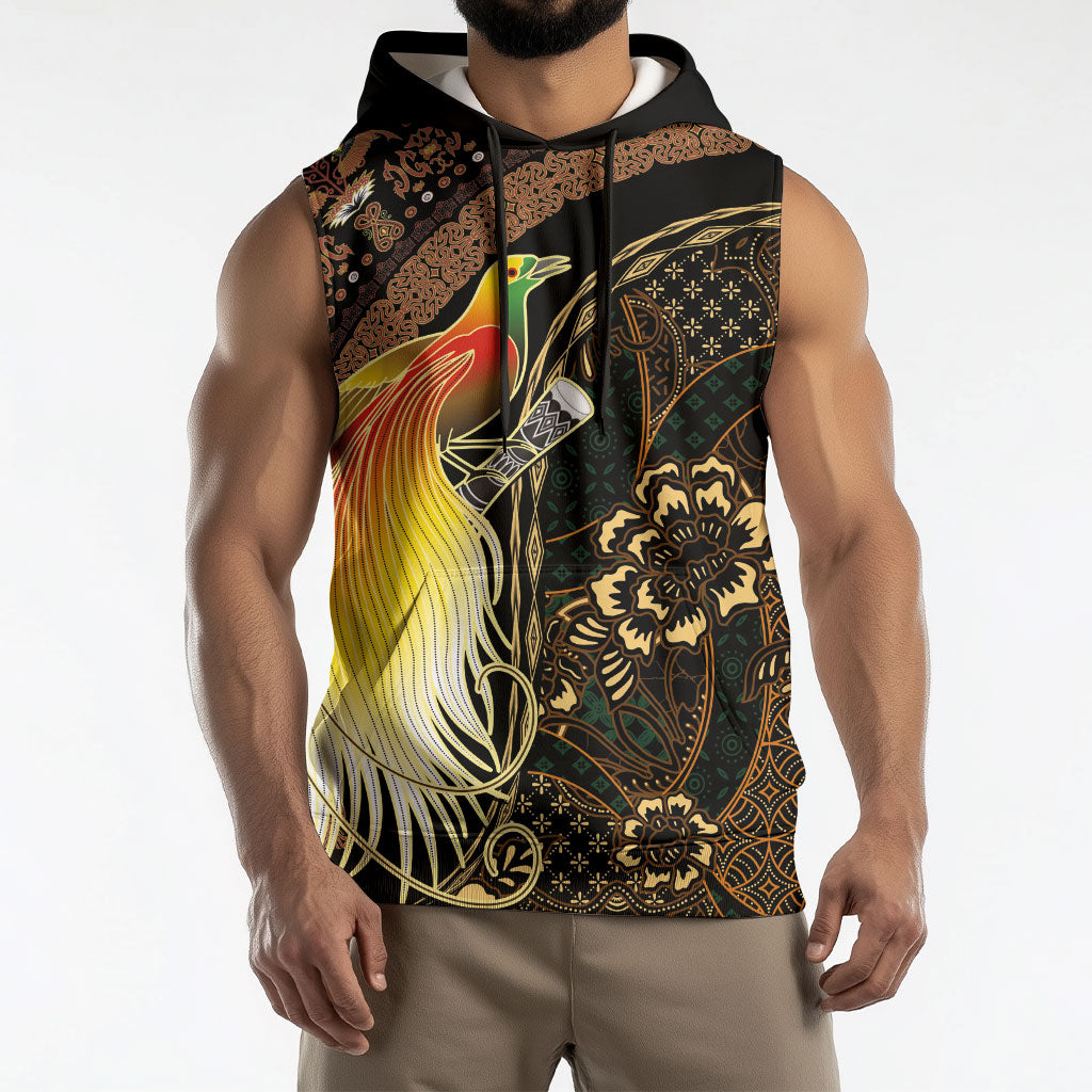 Papua New Guinea and Indonesia Batik Sleeveless Hoodie Bird of Paradise with Tribal Batik Patterns