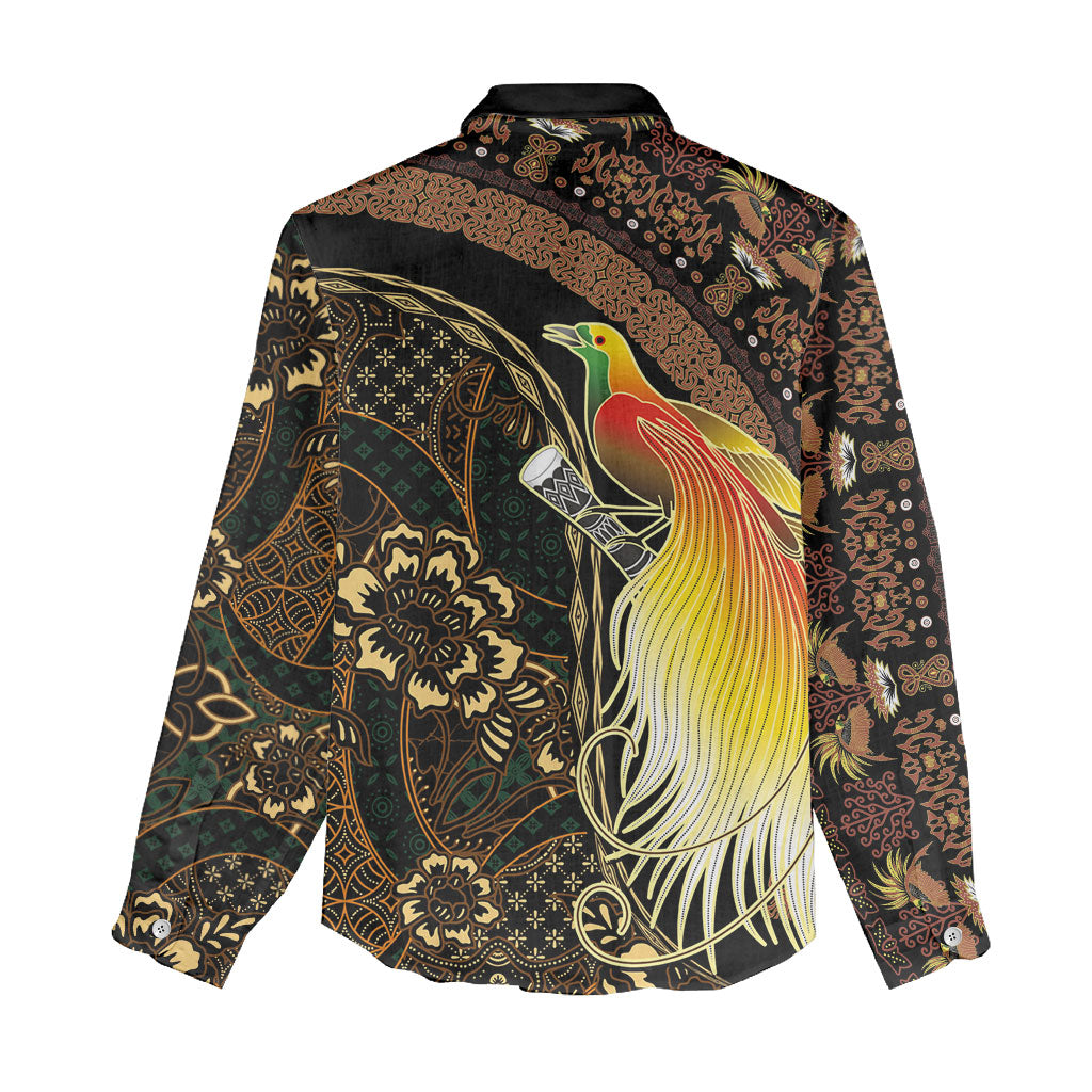 Papua New Guinea and Indonesia Batik Women Casual Shirt Bird of Paradise with Tribal Batik Patterns