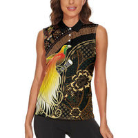 Papua New Guinea and Indonesia Batik Women Sleeveless Polo Shirt Bird of Paradise with Tribal Batik Patterns