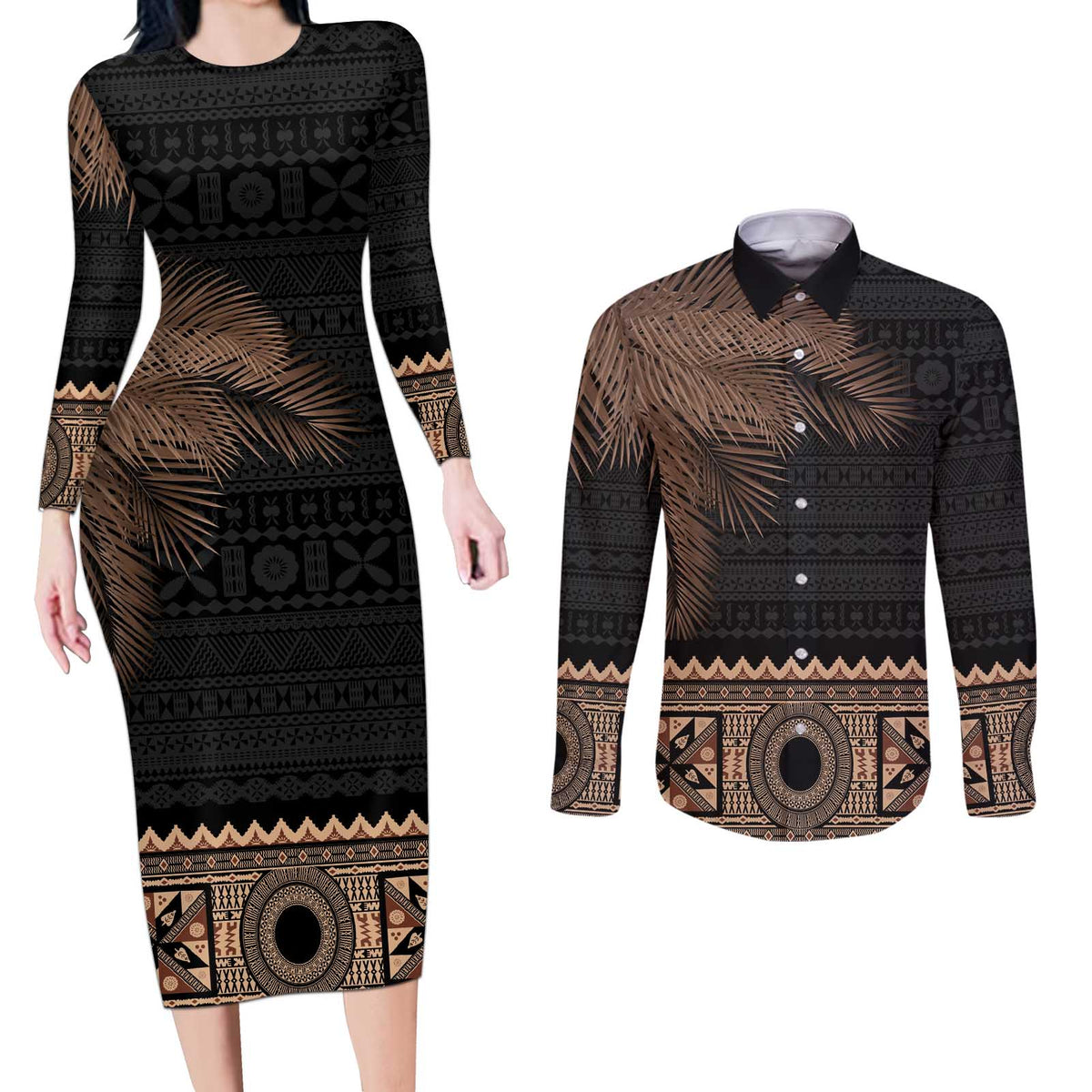 Fiji Palm Leaves Couples Matching Long Sleeve Bodycon Dress and Long Sleeve Button Shirt Masi and Tapa Tribal Pattern Beige Color LT03 Beige - Polynesian Pride