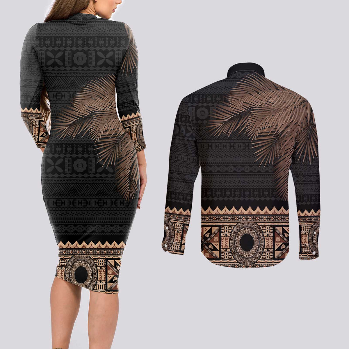 Fiji Palm Leaves Couples Matching Long Sleeve Bodycon Dress and Long Sleeve Button Shirt Masi and Tapa Tribal Pattern Beige Color LT03 - Polynesian Pride