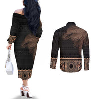 Fiji Palm Leaves Couples Matching Off The Shoulder Long Sleeve Dress and Long Sleeve Button Shirt Masi and Tapa Tribal Pattern Beige Color LT03 - Polynesian Pride