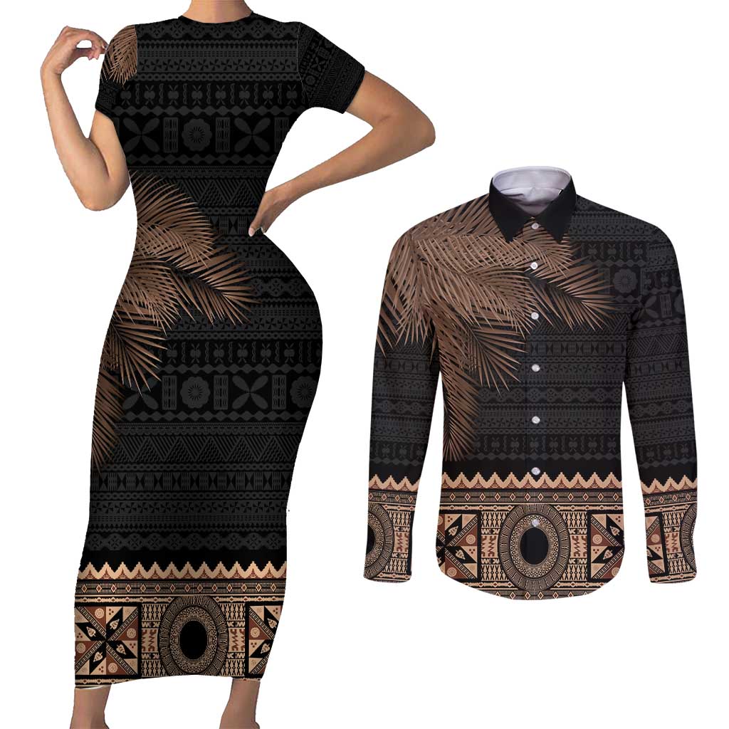 Fiji Palm Leaves Couples Matching Short Sleeve Bodycon Dress and Long Sleeve Button Shirt Masi and Tapa Tribal Pattern Beige Color LT03 Beige - Polynesian Pride