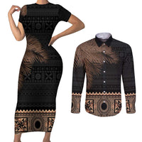 Fiji Palm Leaves Couples Matching Short Sleeve Bodycon Dress and Long Sleeve Button Shirt Masi and Tapa Tribal Pattern Beige Color LT03 Beige - Polynesian Pride