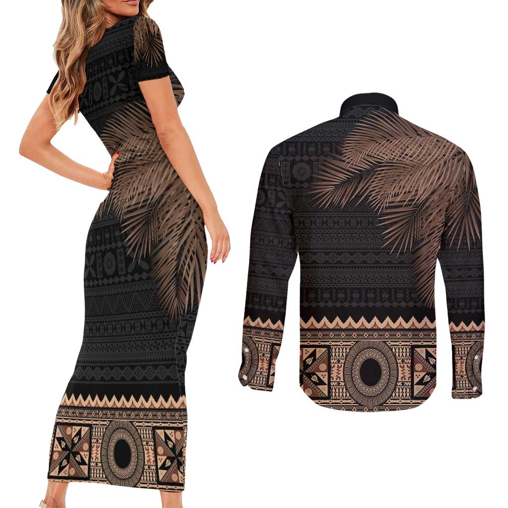 Fiji Palm Leaves Couples Matching Short Sleeve Bodycon Dress and Long Sleeve Button Shirt Masi and Tapa Tribal Pattern Beige Color LT03 - Polynesian Pride