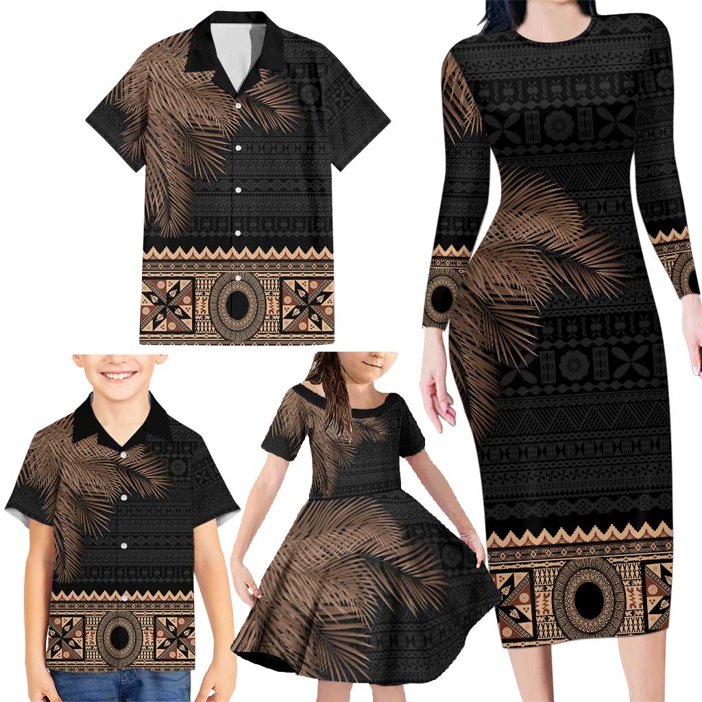 Fiji Palm Leaves Family Matching Long Sleeve Bodycon Dress and Hawaiian Shirt Masi and Tapa Tribal Pattern Beige Color LT03 - Polynesian Pride