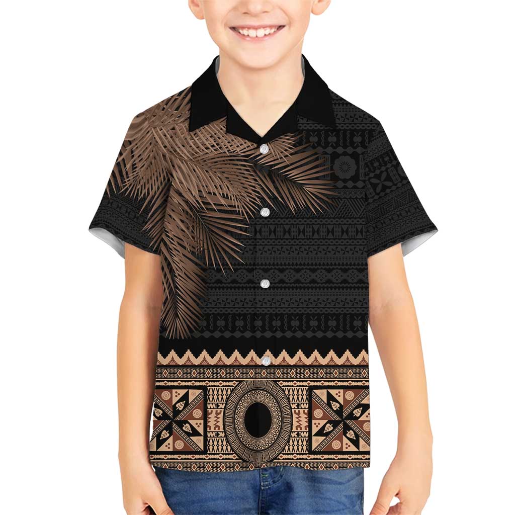 Fiji Palm Leaves Family Matching Long Sleeve Bodycon Dress and Hawaiian Shirt Masi and Tapa Tribal Pattern Beige Color LT03 Son's Shirt Beige - Polynesian Pride
