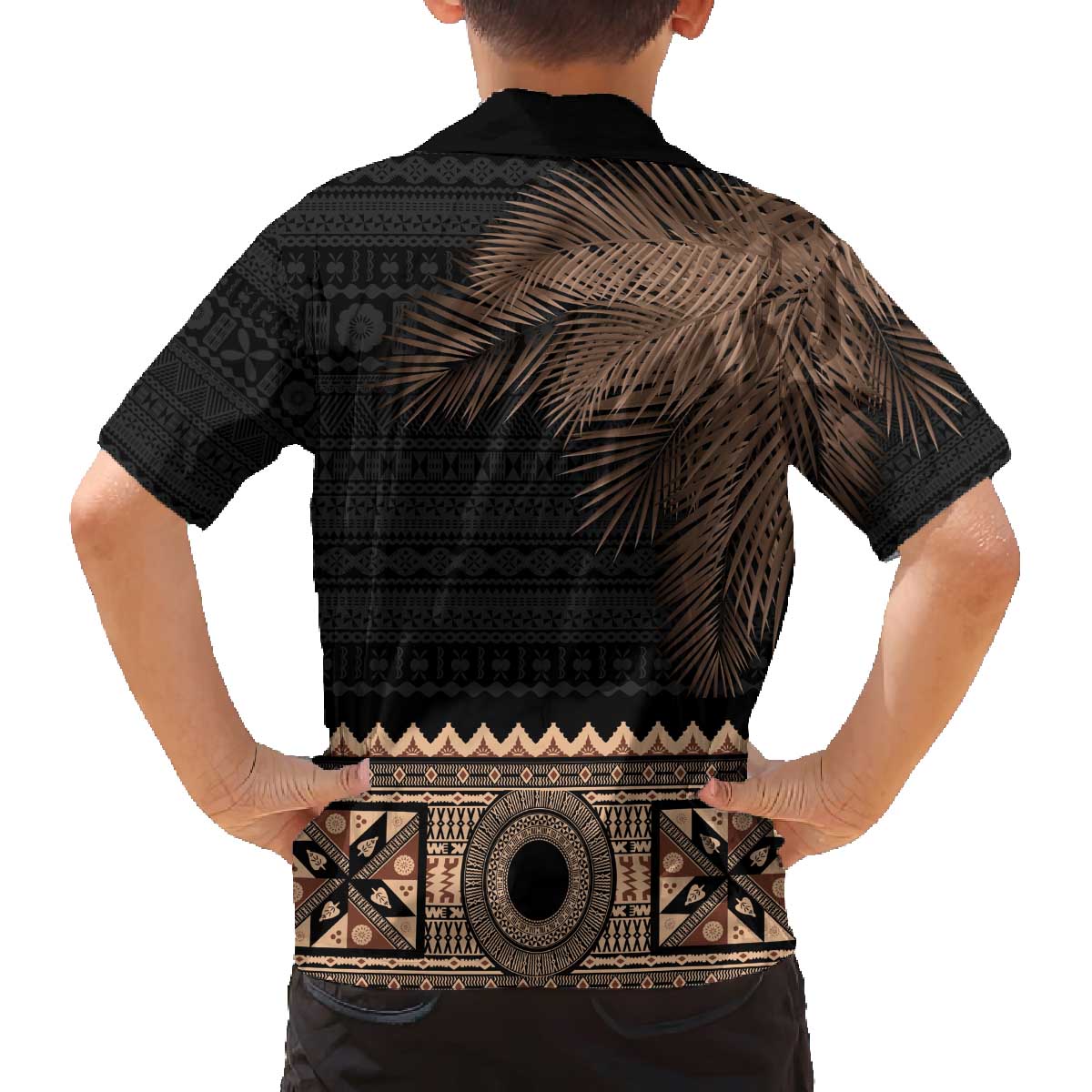 Fiji Palm Leaves Family Matching Off The Shoulder Long Sleeve Dress and Hawaiian Shirt Masi and Tapa Tribal Pattern Beige Color