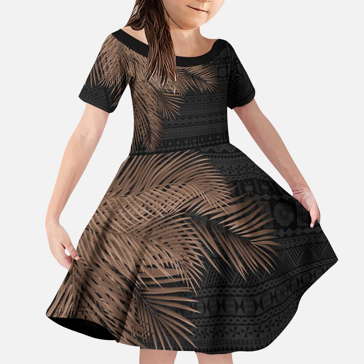 Fiji Palm Leaves Family Matching Puletasi and Hawaiian Shirt Masi and Tapa Tribal Pattern Beige Color LT03 Daughter's Dress Beige - Polynesian Pride