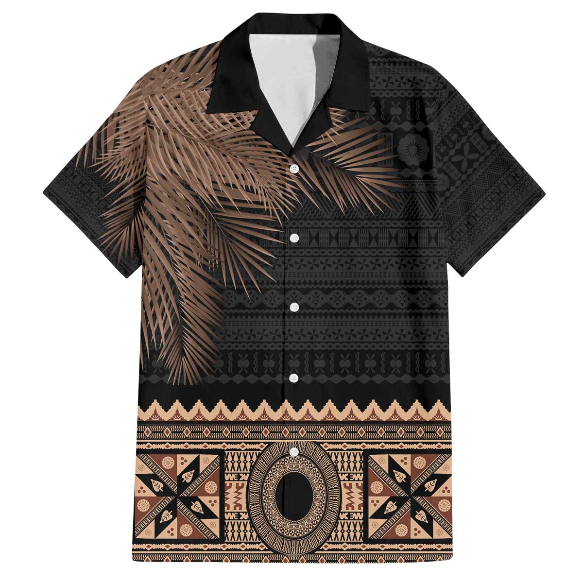 Fiji Palm Leaves Family Matching Puletasi and Hawaiian Shirt Masi and Tapa Tribal Pattern Beige Color LT03 Dad's Shirt - Short Sleeve Beige - Polynesian Pride