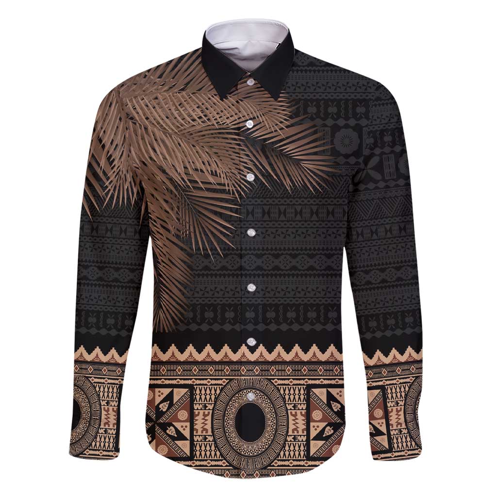Fiji Palm Leaves Family Matching Short Sleeve Bodycon Dress and Hawaiian Shirt Masi and Tapa Tribal Pattern Beige Color LT03 Dad's Shirt - Long Sleeve Beige - Polynesian Pride