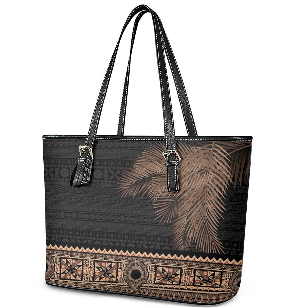 Fiji Palm Leaves Leather Tote Bag Masi and Tapa Tribal Pattern Beige Color