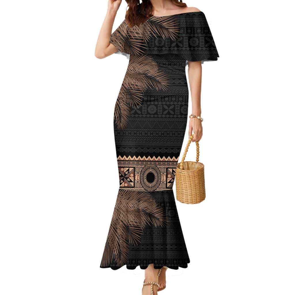 Fiji Palm Leaves Mermaid Dress Masi and Tapa Tribal Pattern Beige Color