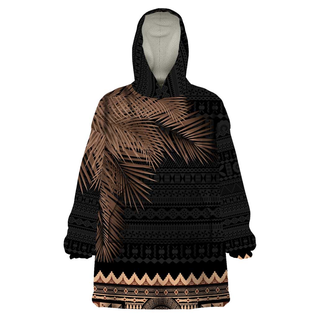 Fiji Palm Leaves Wearable Blanket Hoodie Masi and Tapa Tribal Pattern Beige Color