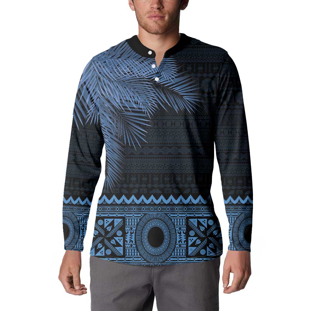 Fiji Palm Leaves Button Sweatshirt Masi and Tapa Tribal Pattern Blue Color LT03 - Polynesian Pride