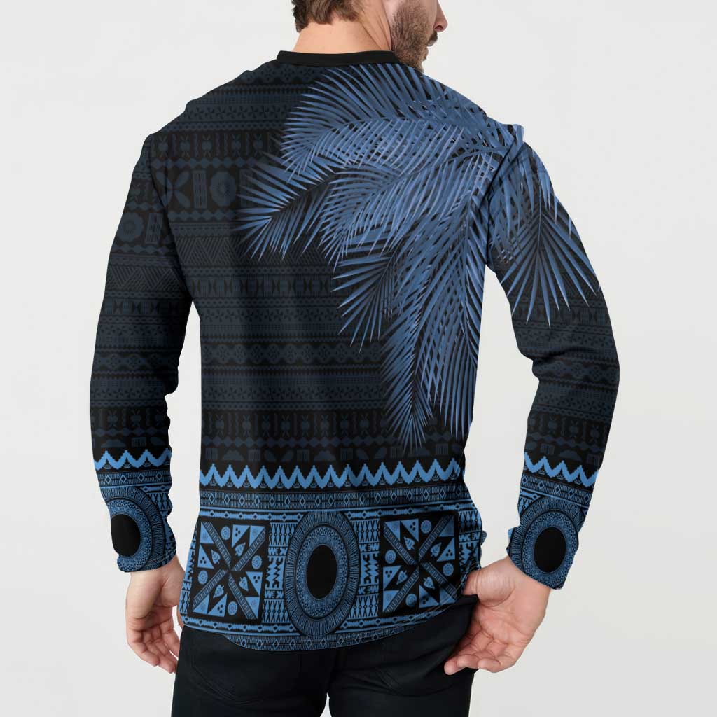 Fiji Palm Leaves Button Sweatshirt Masi and Tapa Tribal Pattern Blue Color LT03 - Polynesian Pride