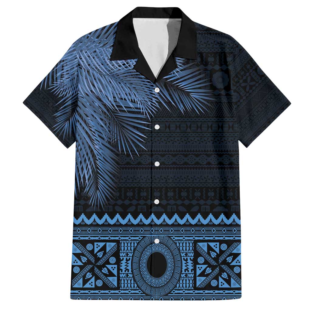 Fiji Palm Leaves Family Matching Long Sleeve Bodycon Dress and Hawaiian Shirt Masi and Tapa Tribal Pattern Blue Color LT03 Dad's Shirt - Short Sleeve Blue - Polynesian Pride