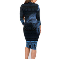 Fiji Palm Leaves Family Matching Long Sleeve Bodycon Dress and Hawaiian Shirt Masi and Tapa Tribal Pattern Blue Color LT03 - Polynesian Pride