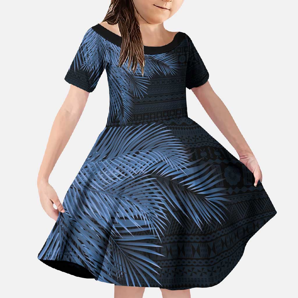 Fiji Palm Leaves Family Matching Mermaid Dress and Hawaiian Shirt Masi and Tapa Tribal Pattern Blue Color LT03 Daughter's Dress Blue - Polynesian Pride