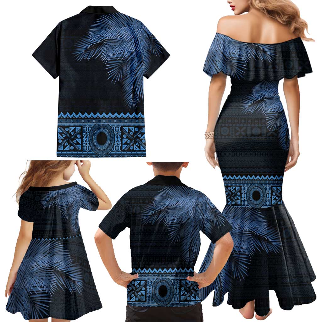 Fiji Palm Leaves Family Matching Mermaid Dress and Hawaiian Shirt Masi and Tapa Tribal Pattern Blue Color LT03 - Polynesian Pride