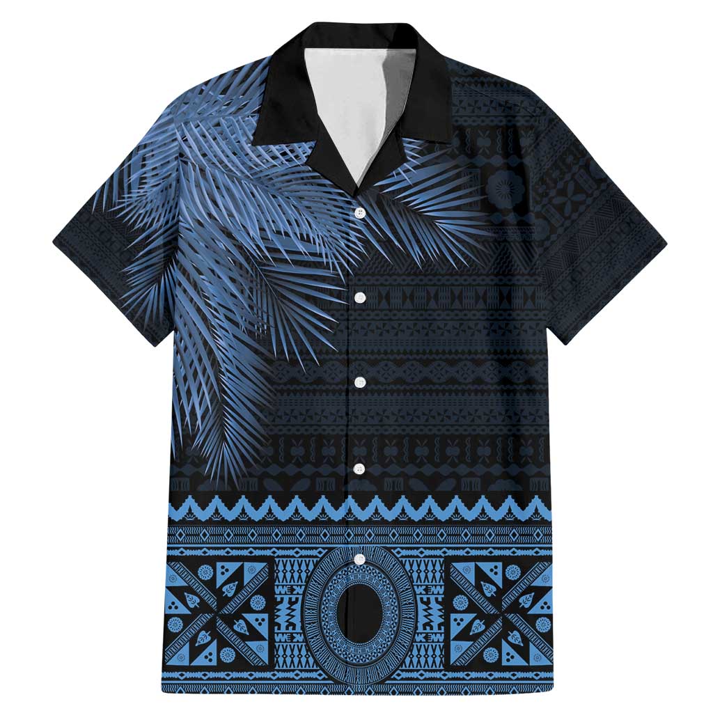 Fiji Palm Leaves Family Matching Mermaid Dress and Hawaiian Shirt Masi and Tapa Tribal Pattern Blue Color LT03 Dad's Shirt - Short Sleeve Blue - Polynesian Pride