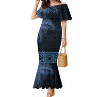 Fiji Palm Leaves Family Matching Mermaid Dress and Hawaiian Shirt Masi and Tapa Tribal Pattern Blue Color LT03 Mom's Dress Blue - Polynesian Pride