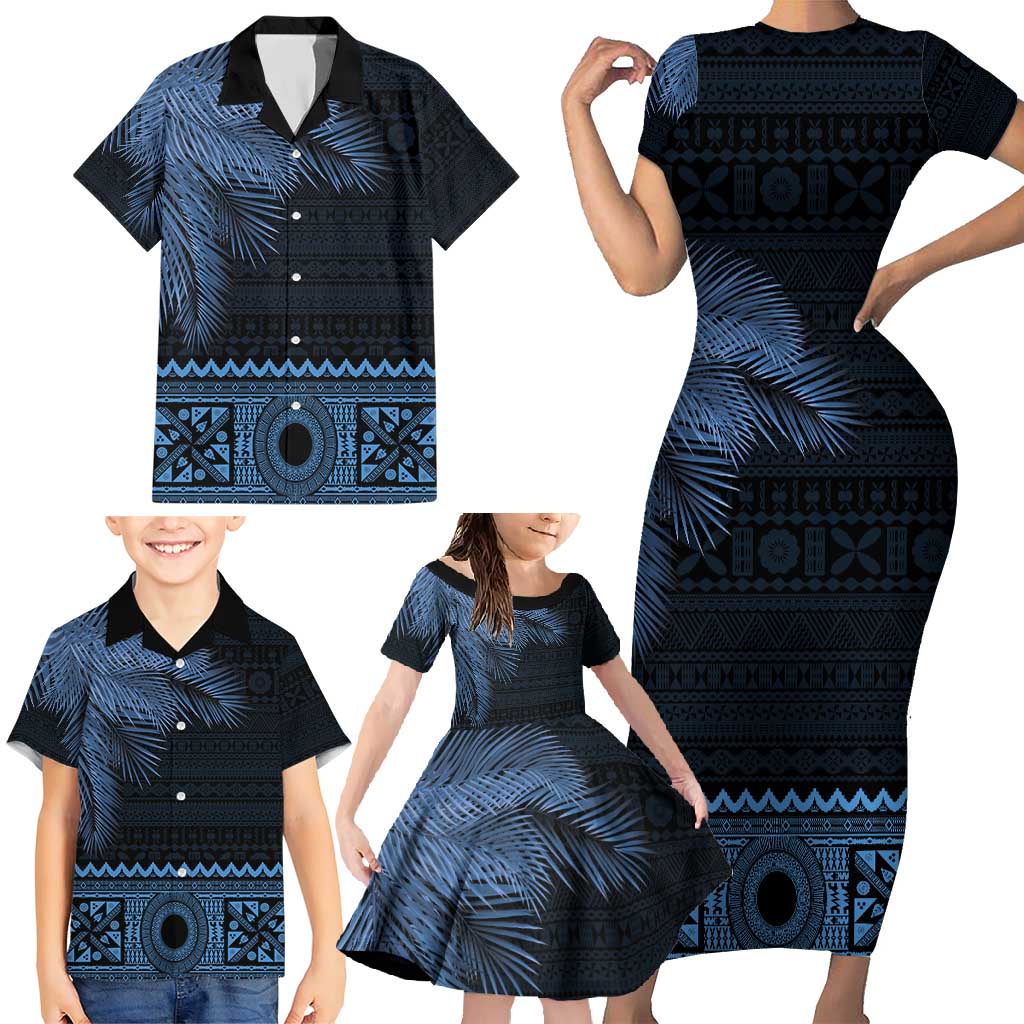 Fiji Palm Leaves Family Matching Short Sleeve Bodycon Dress and Hawaiian Shirt Masi and Tapa Tribal Pattern Blue Color LT03 - Polynesian Pride