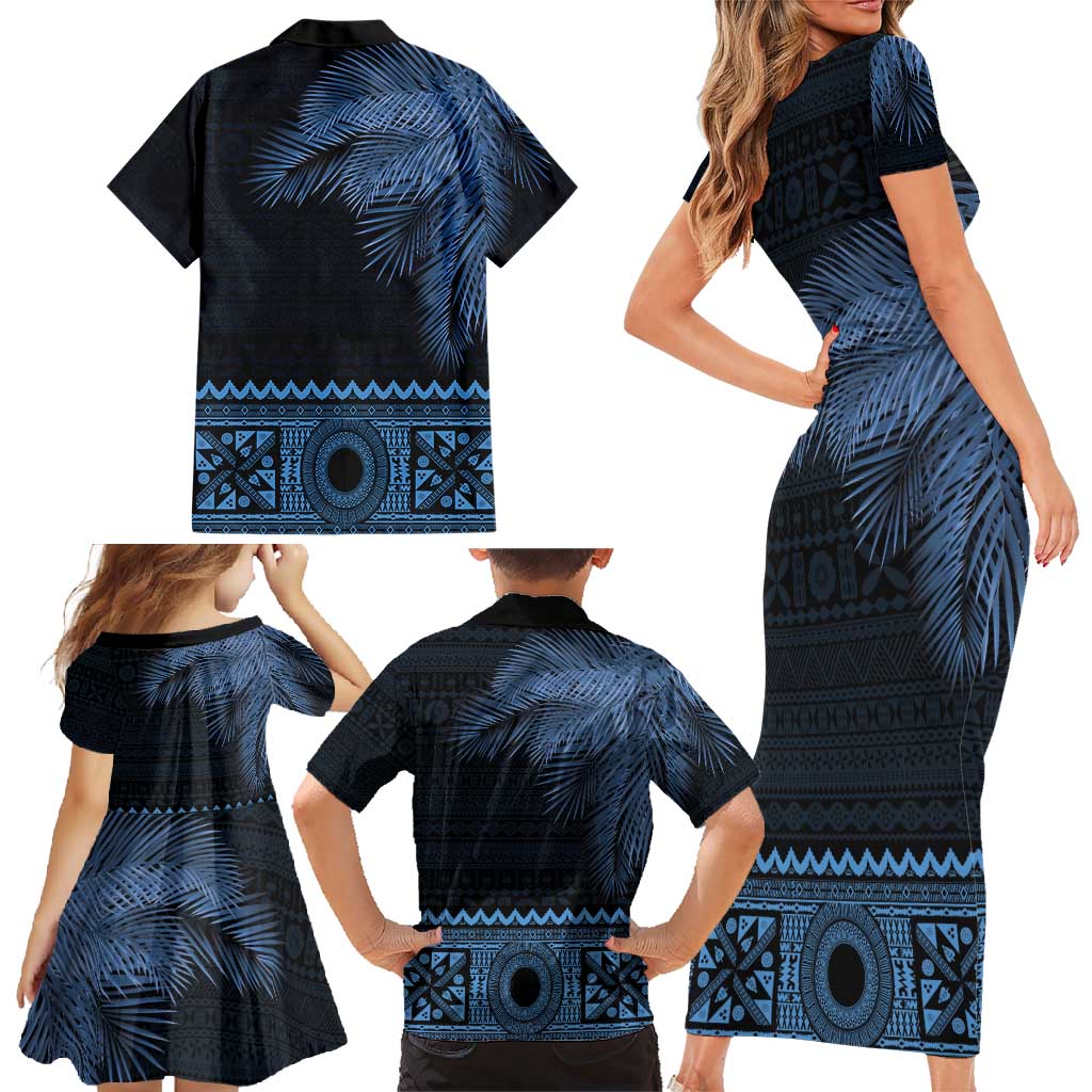 Fiji Palm Leaves Family Matching Short Sleeve Bodycon Dress and Hawaiian Shirt Masi and Tapa Tribal Pattern Blue Color LT03 - Polynesian Pride