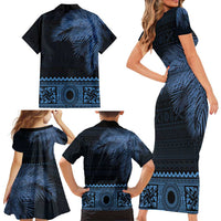 Fiji Palm Leaves Family Matching Short Sleeve Bodycon Dress and Hawaiian Shirt Masi and Tapa Tribal Pattern Blue Color LT03 - Polynesian Pride