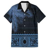 Fiji Palm Leaves Family Matching Short Sleeve Bodycon Dress and Hawaiian Shirt Masi and Tapa Tribal Pattern Blue Color LT03 Dad's Shirt - Short Sleeve Blue - Polynesian Pride