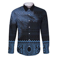 Fiji Palm Leaves Family Matching Short Sleeve Bodycon Dress and Hawaiian Shirt Masi and Tapa Tribal Pattern Blue Color LT03 Dad's Shirt - Long Sleeve Blue - Polynesian Pride