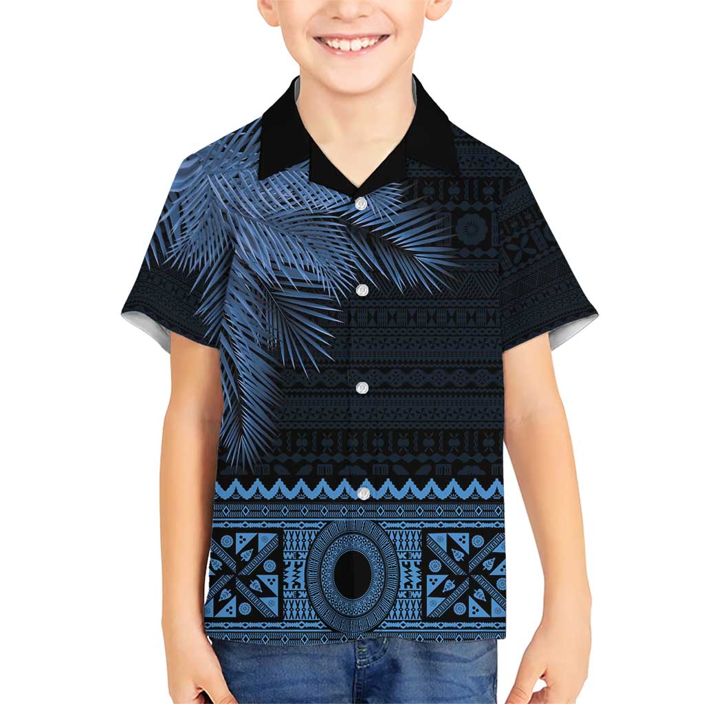 Fiji Palm Leaves Family Matching Short Sleeve Bodycon Dress and Hawaiian Shirt Masi and Tapa Tribal Pattern Blue Color LT03 Son's Shirt Blue - Polynesian Pride