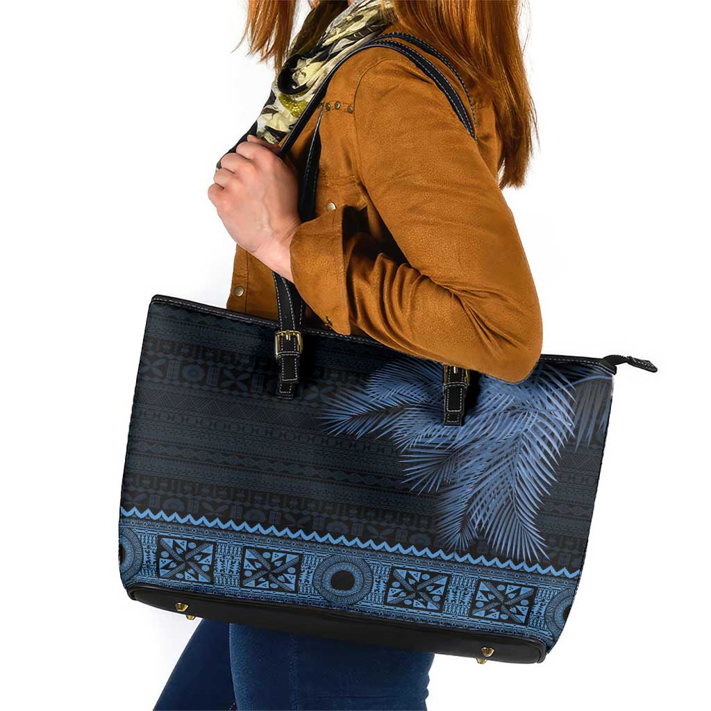 Fiji Palm Leaves Leather Tote Bag Masi and Tapa Tribal Pattern Blue Color LT03 Blue - Polynesian Pride