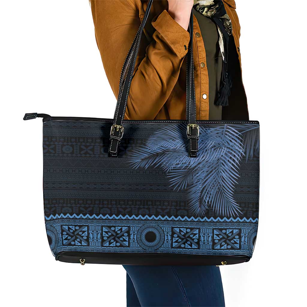 Fiji Palm Leaves Leather Tote Bag Masi and Tapa Tribal Pattern Blue Color LT03 - Polynesian Pride