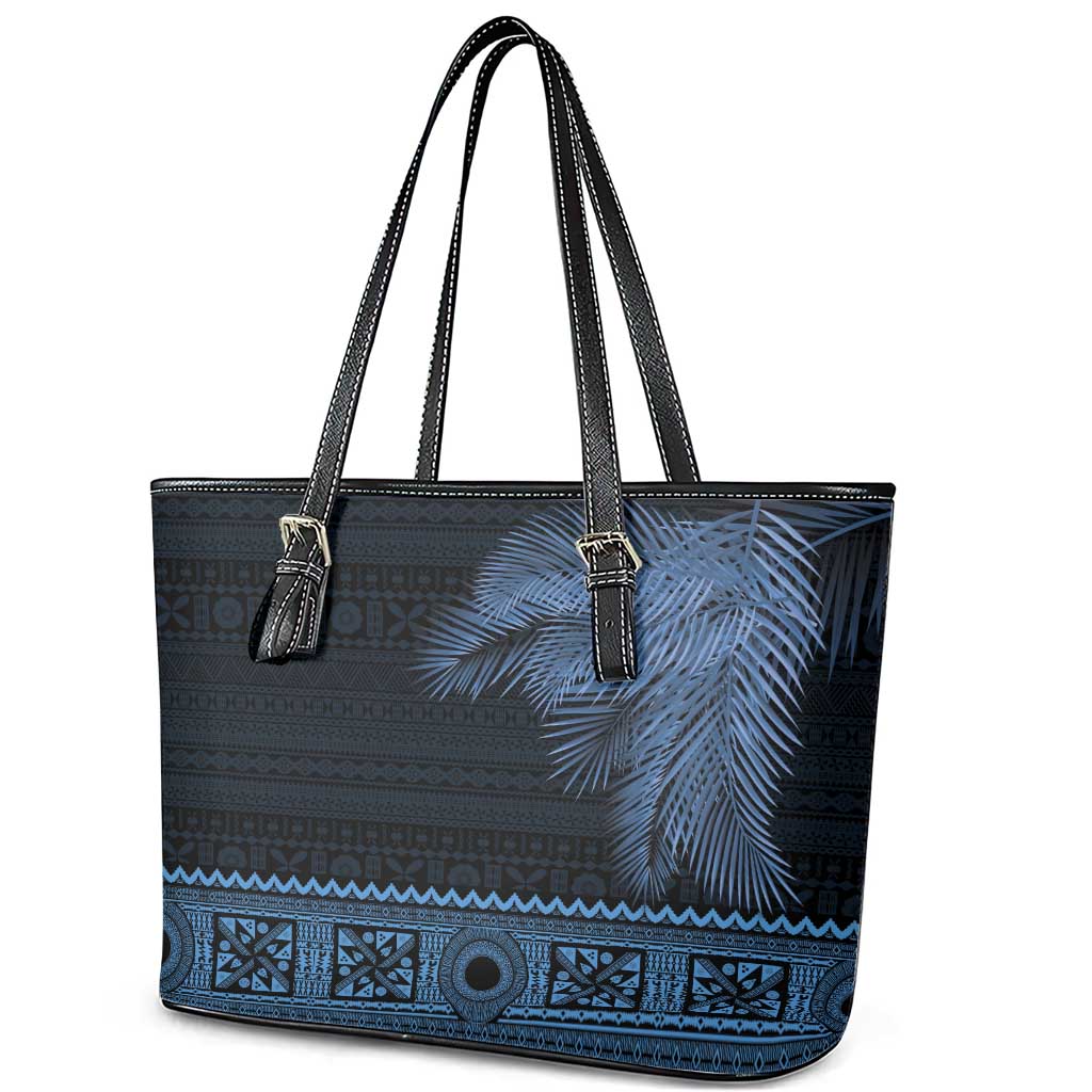 Fiji Palm Leaves Leather Tote Bag Masi and Tapa Tribal Pattern Blue Color LT03 - Polynesian Pride