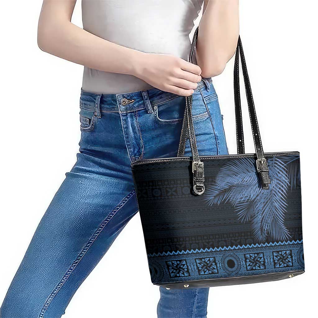 Fiji Palm Leaves Leather Tote Bag Masi and Tapa Tribal Pattern Blue Color LT03 - Polynesian Pride