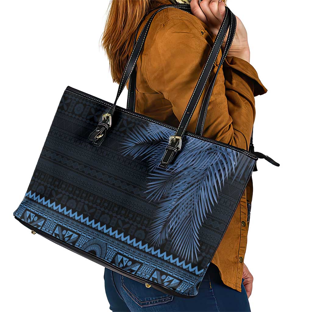 Fiji Palm Leaves Leather Tote Bag Masi and Tapa Tribal Pattern Blue Color LT03 - Polynesian Pride