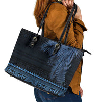 Fiji Palm Leaves Leather Tote Bag Masi and Tapa Tribal Pattern Blue Color LT03 - Polynesian Pride