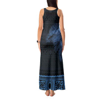 Fiji Palm Leaves Tank Maxi Dress Masi and Tapa Tribal Pattern Blue Color