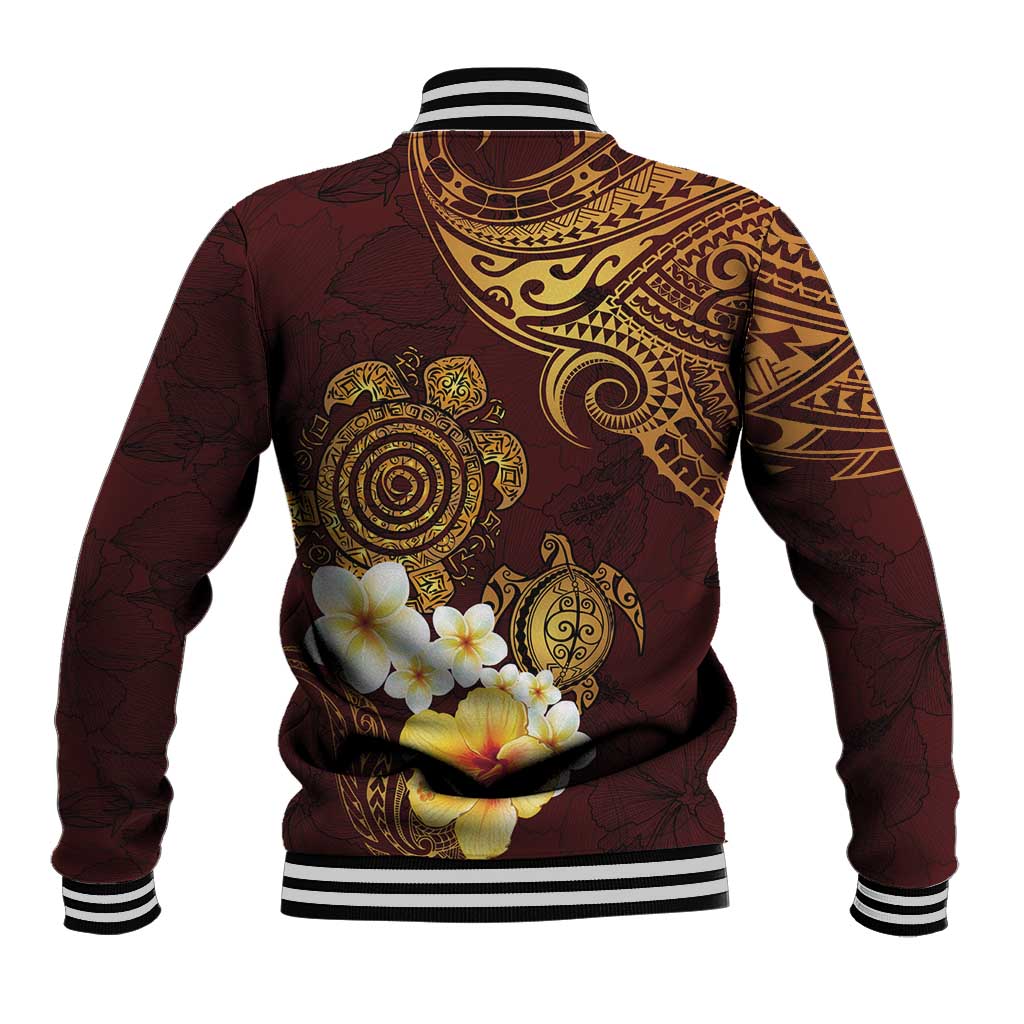 Polynesian Turtle Baseball Jacket Plumeria Hibiscus Pattern Oxblood