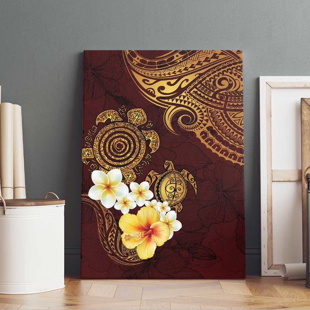 Polynesian Turtle Canvas Wall Art Plumeria Hibiscus Pattern Oxblood