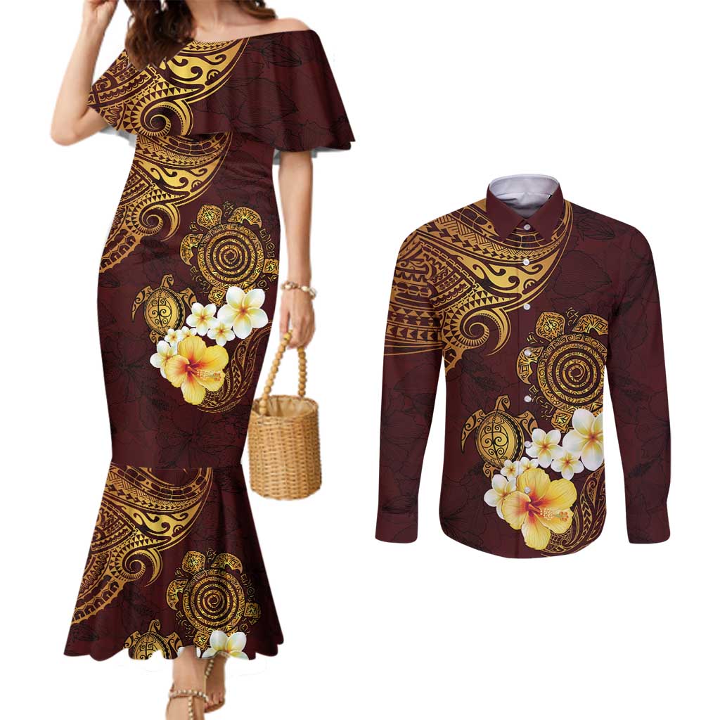 Polynesian Turtle Couples Matching Mermaid Dress and Long Sleeve Button Shirt Plumeria Hibiscus Pattern Oxblood