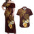 Polynesian Turtle Couples Matching Off Shoulder Maxi Dress and Hawaiian Shirt Plumeria Hibiscus Pattern Oxblood