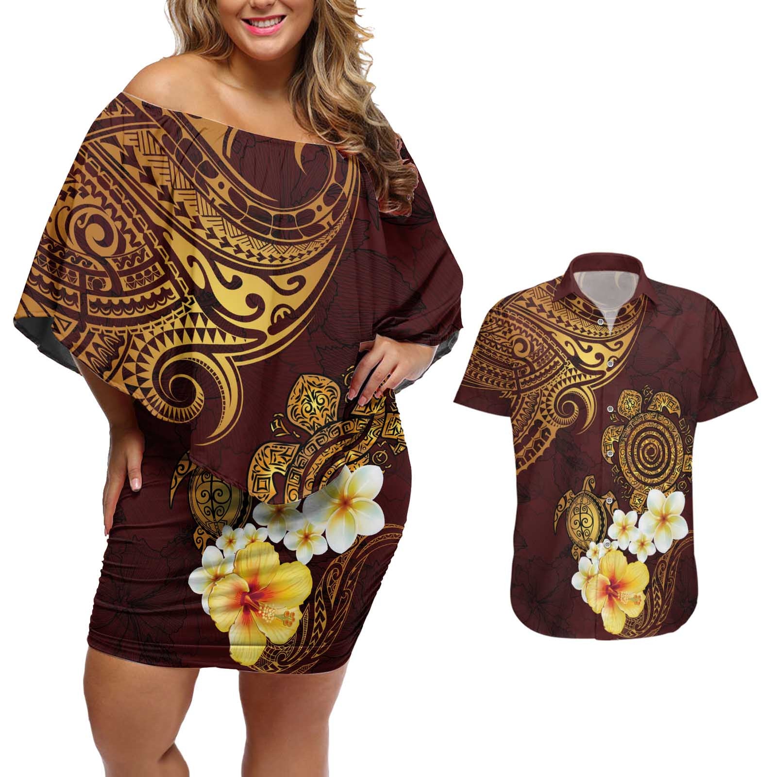 Polynesian Turtle Couples Matching Off Shoulder Short Dress and Hawaiian Shirt Plumeria Hibiscus Pattern Oxblood