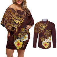 Polynesian Turtle Couples Matching Off Shoulder Short Dress and Long Sleeve Button Shirt Plumeria Hibiscus Pattern Oxblood