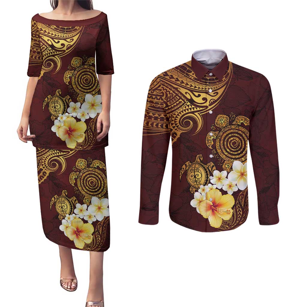 Polynesian Turtle Couples Matching Puletasi and Long Sleeve Button Shirt Plumeria Hibiscus Pattern Oxblood