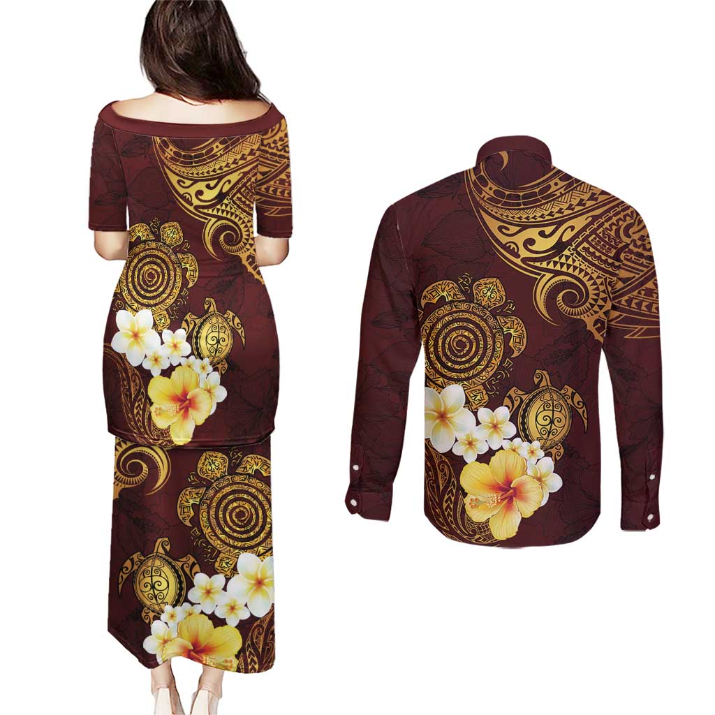 Polynesian Turtle Couples Matching Puletasi and Long Sleeve Button Shirt Plumeria Hibiscus Pattern Oxblood