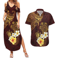 Polynesian Turtle Couples Matching Summer Maxi Dress and Hawaiian Shirt Plumeria Hibiscus Pattern Oxblood